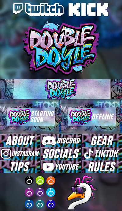 Double Doyle Twitch & Kick Branding banners design doubledoyle emotes emoticons graphic design iconography icons kick logo music panel panels streamer streaming twitch vector