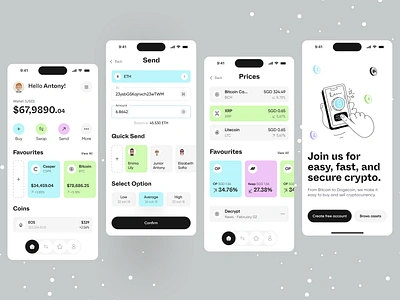 Crypto Wallet App UI app bitcoin buy crypto app cryptocurrency design ethereum illustration ios app mobile ofspace sale transfer wallet