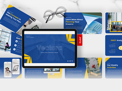 Vectora PowerPoint Template agency blue business company profile gsl key modern powerpoint ppt pptx presentation template ui vectora website yellow