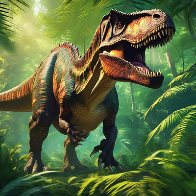 A photorealistic painting of a majestic Tyrannosaurus Rex strides confidently