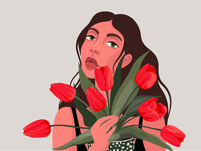 Girl with tulips adobe branding character design face fashion flat flowers girl green illustration minimalism people plants portrait tulip vase vector web