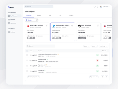 Fintech Management Table banking bookkeeping clean fintech flat ui logo minimal modern table ui ux webapp website