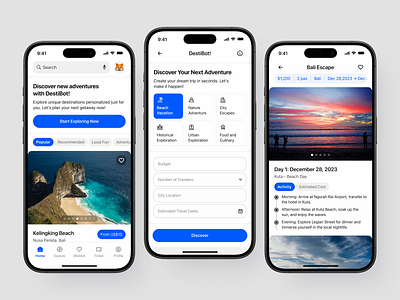 Destinova - Travel Application ai application artificial bot clean design itenary robot travel trip ui