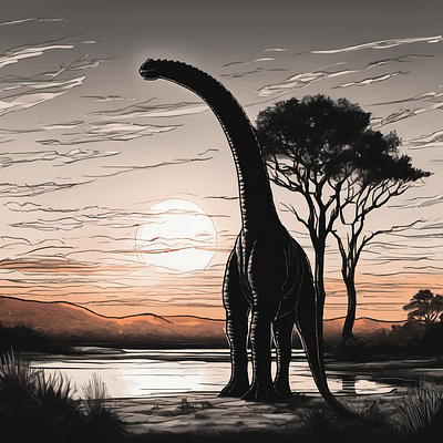 A monochromatic sketch of a lonely Brachiosaurus evening