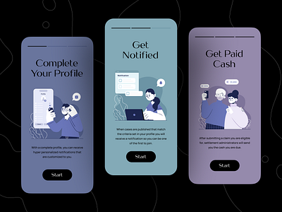 Onboarding Screens for Group Claims Mobile App android app claim class action design figma illustration interface ios lawsuit mobile notification onboarding product design screen ui ux
