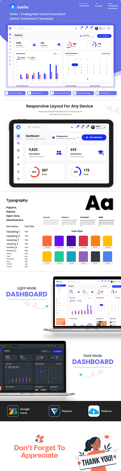 Owlio: CodeIgniter School Education Admin Dashboard Template admin admin dashboard admin panel codeigniter dashboard education product design school students template uiux website