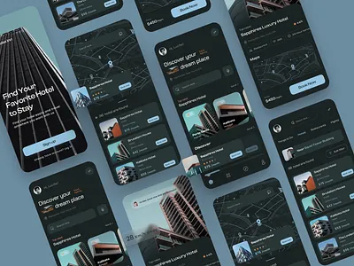 Hotel Booking App app design black design hotel app hotel booking app hotel room map modern app design onboarding rent home room booking app ui ui design uiux ux ux design visual design