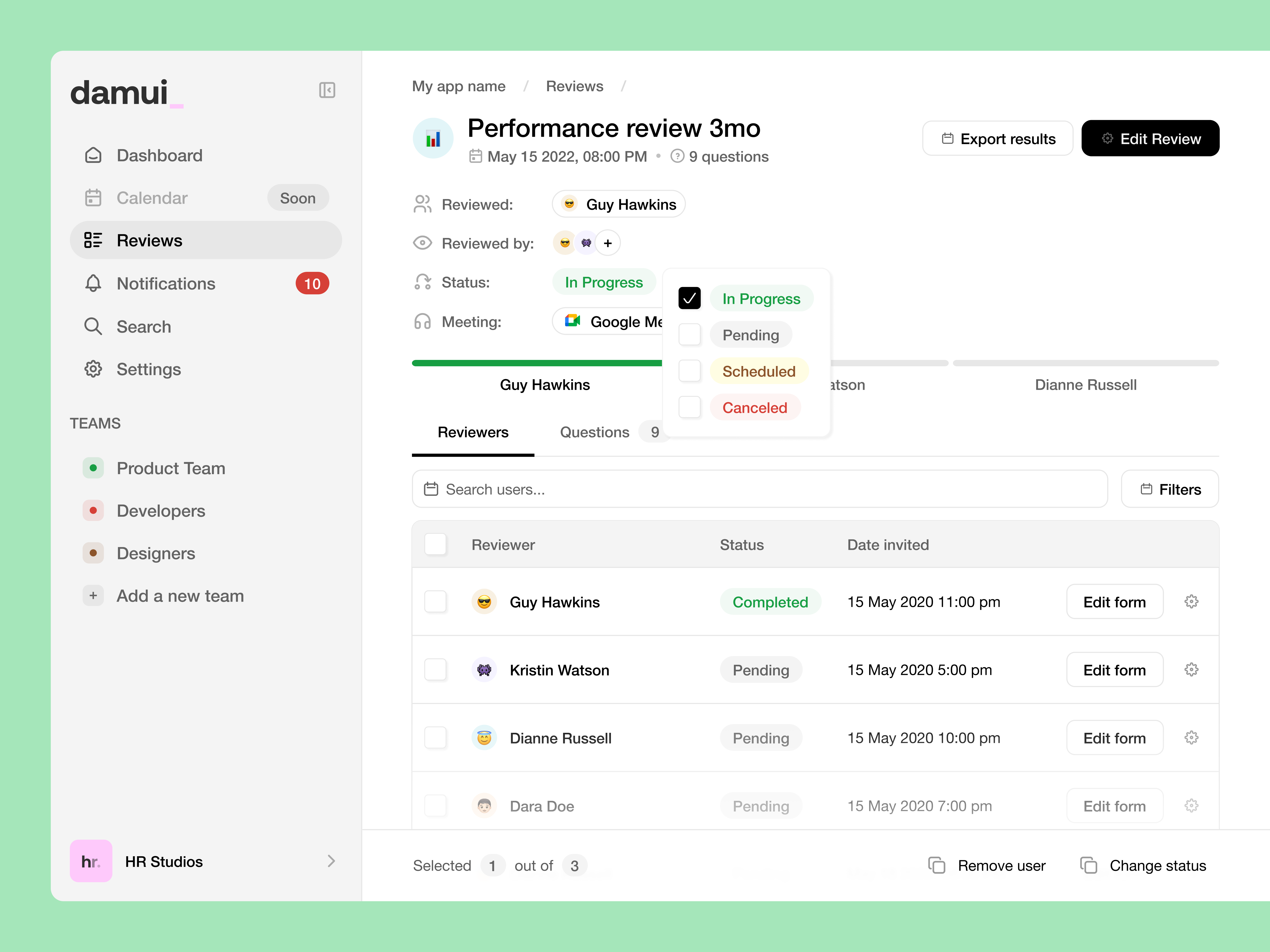 HR Tool - Review Table View app badge categories dashboard dropdown filters grid list mega menu menu nav people product product design search status tabs ui ux view