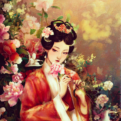 The fragrance of sping breeze ang flowers graphic design 中国风 原创插画 女子 插画 插花 花