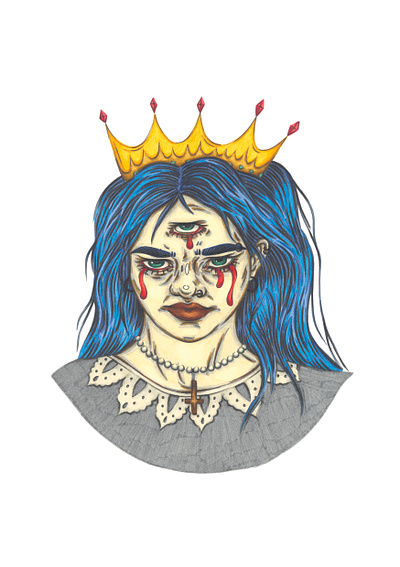 Three-Eyed Queen character colourful art crown drawing expressive art fairy tale fantasy gothic graphic style hand drawn illustration ink jewellery lace moody portrait portraiture royalty third eye traditional art