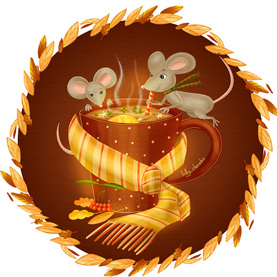 Warm mug atmosphere book book illustration characters childrens illustration digital art fall illustration leaves mice mouse drawing mug procreate scarf scarf pattern spices tea drawing