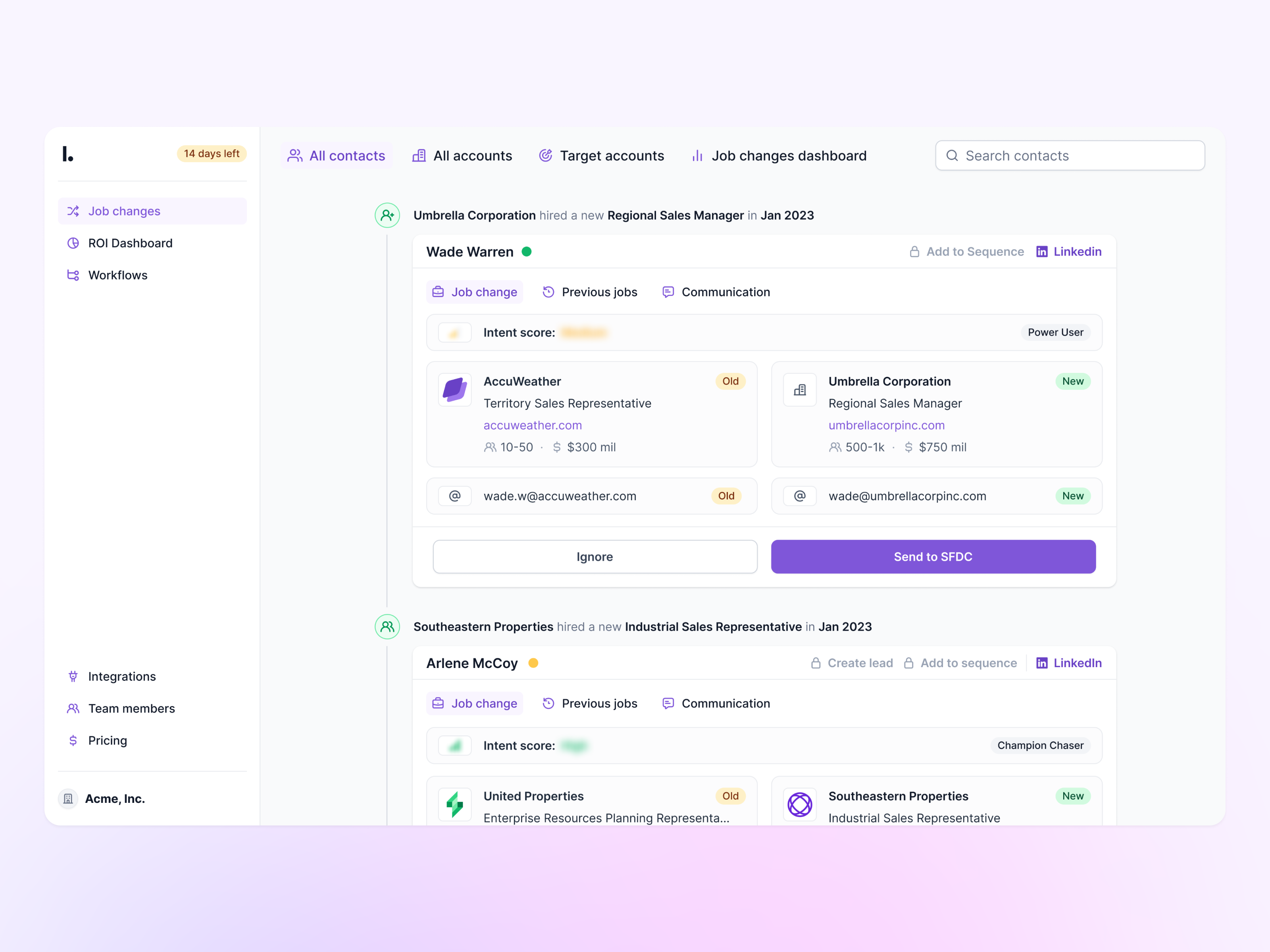 Job changes feed 6sense apollo attio crm feed history hubspot job change job changes job history linkedin lusha outreach prospecting sales navigator salesforce sfdc user gems zapier zoominfo