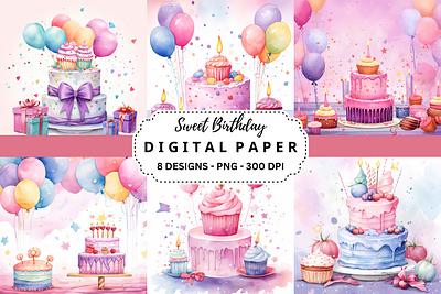 Watercolor Sweet Birthday Digital Paper tumbler wrap