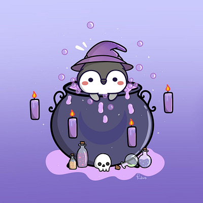 Cauldron bath art artwork cute design digital illustration drawing illustration kawaii penguin witch