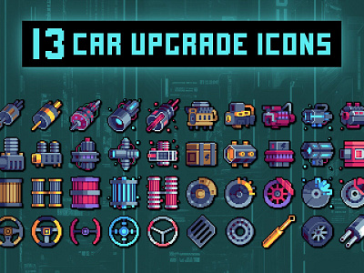 Machine Parts 32×32 Pixel Art Icon Pack 2d 32x32 art asset assets cyberpunk game game assets gamedev icon icons indie indie game item machine object pixel pixelart pixelated rpg