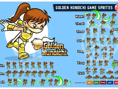 Golden Kunoichi Game Sprites action adventure assets cartoon character design endless runner game girl hack and slash illustration ninja side scroller sprite sheet sprites templates vector
