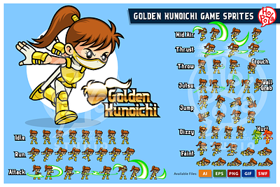 Golden Kunoichi Game Sprites action adventure assets cartoon character design endless runner game girl hack and slash illustration ninja side scroller sprite sheet sprites templates vector