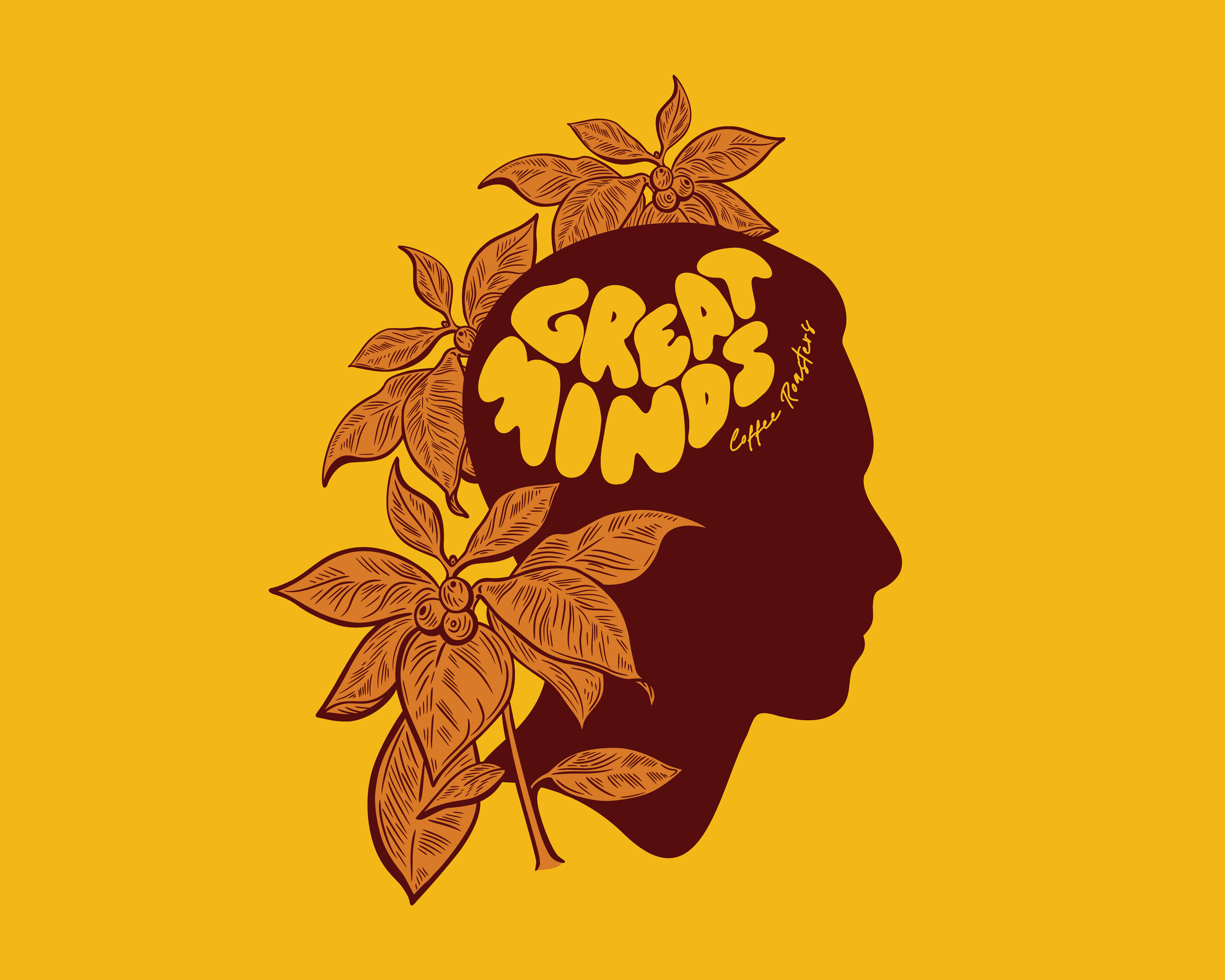 Great Minds Coffee Illustration botanical branding branding design cafe coffee coffee shop design engraving etching illustration lettering logo minds plant roasters t shirt type typography vector vintage