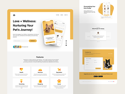PetCare Landing Page app care dashboard design designjourney dogwalker features health home landingpage like logo mobile nutrition onboarding pet testimonials ui ux web