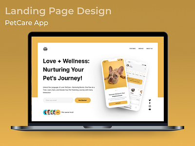 PetCare Landing Page app care dashboard design designjourney dogwalker features health home landingpage like logo mobile nutrition onboarding pet testimonials ui ux web