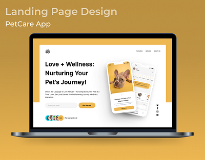 PetCare Landing Page app care dashboard design designjourney dogwalker features health home landingpage like logo mobile nutrition onboarding pet testimonials ui ux web