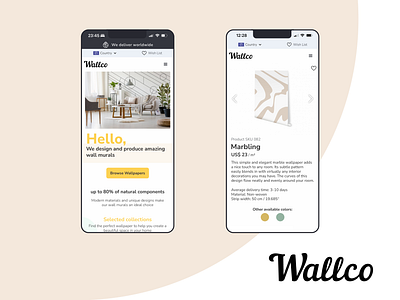 E-commerce - mobile view UI beige branding clean and crisp e commerce e shop front end logo main page mobile mobile view modern multilingual product design ui ux uxd wallco web design web site