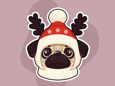 December Pug animal portrait christmas christmas card christmas illustration cozy and warm cute dog december decoration graphic design illustration kawaii pug puppy reindeer santa claus hat sticker vector vector illustration