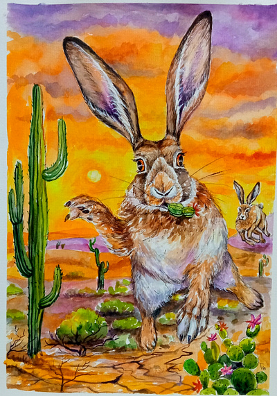 rabbits in the desert, watercolor painting art design hand painted handmade illustration paint painting watercolor painting