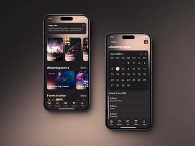 Festivals & Events App app design black calendar cinema concerts design events events app festival mobile app mobile app design music music app plan planner ux ui
