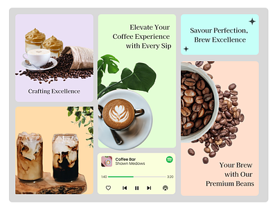 Brewscape Inspiration Board bento bento layout branding cards coffee ui inspiration layout moodboard pastel colors ui ux