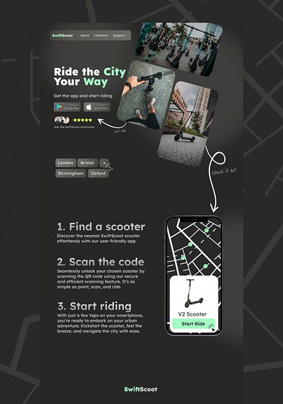 SwiftScoot App Landing Page Web Design app design figma hero landing page scooter web design