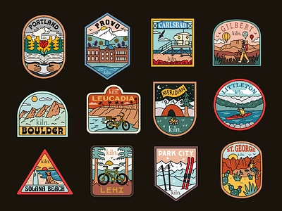 City Badges for Kiln Co arizona badge boulder branding california carlsbad climbing colorado hiking kayak landscape mountains nature ocean outdoor park city patch portland ski utah