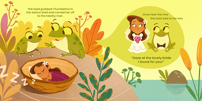 Thumbelina spread | Children's book illustratrion animal character childrens book childrens illustratiom colorful cute illustration kidlit kids thumbelina
