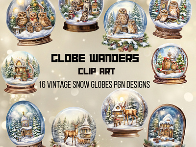 Globe Wanders animals boho christmas clip art collage art deer design graphic design illustration owls raccoons snow globes sublimation vintage winter wintery