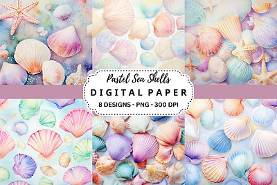 Watercolor Pastel Sea Shells Background commercial use art