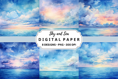 Watercolor Sky and Sea Digital Paper tumbler wrap