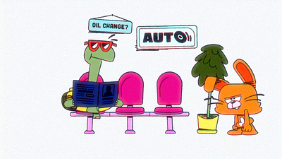 R&B - Oil Change animation auto bounce bunny cartoon characters fun nickelodeon oil change playful poetry rabbit reading retro sunglasses tortoise tree turtle unlikely friendship waiting room