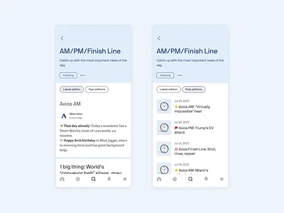 Axios App: Newsletter Channels axios design mobile mobile app news newsletters product design publishing uiux