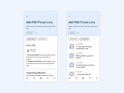 Axios App: Newsletter Channels axios design mobile mobile app news newsletters product design publishing uiux