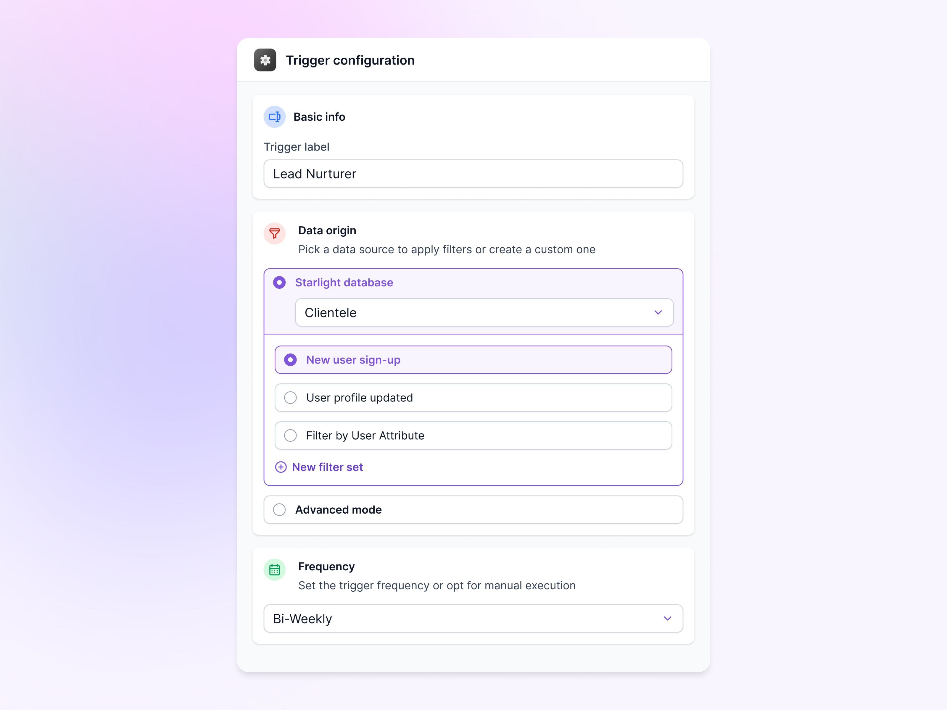 Trigger settings (reworked UI) ai ai automation automation builder chatgpt crm filter filter by hubspot logic builder lusha no code salesforce settings trigger user gems workflow workflow builder zapier zoominfo