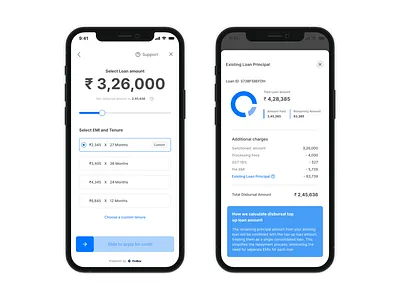 Top up Loan Journey amount app blue breakdown custom design disclaimer explanation fintech intuitive lending loan optimised selection simplified slider tenure ui