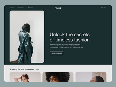 FEMME - French influencer marketplace 30daysofwebdesign affiliate affiliate marketing branding clothing color dark theme day 4 30 days of web design fashion fashion influencer freelance influencer marketing turquoise ui website