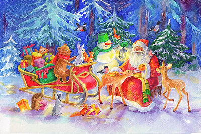 Watercolor illustration: Santa Claus in the winter forest christmas card christmas decorations christmas illustration christmas scenes cute animals deers graphic design holiday holiday season instant download labels design new year card packaging design santa claus snowmen teddybear watercolor christmas winter fairytale winter forest winter scenes