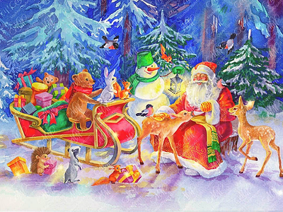 Watercolor illustration: Santa Claus in the winter forest christmas card christmas decorations christmas illustration christmas scenes cute animals deers graphic design holiday holiday season instant download labels design new year card packaging design santa claus snowmen teddybear watercolor christmas winter fairytale winter forest winter scenes