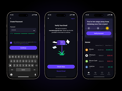 Crypto trading app signup flow - new user experience colum complex data table crypto dark theme dashboard fintech kyc mobile app money new user experience rows signup trading app transfer verify accont