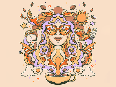 Bloom Coffee Packaging 70s coffee illustration colorful female portrait illustration livelyscout morning rituals packaging illustration procreate product illustration psychedelic retro vintage illustration