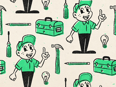🛠️ Handyman Stan 1940s 40s branding character design comic design distressed hammer handyman hat illustration light bulb pattern pencil retro texture toolbox tools vintage