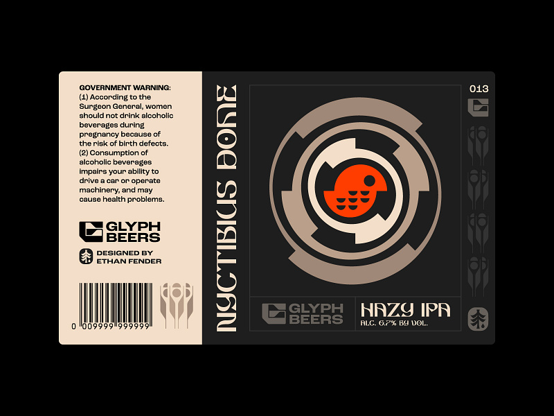 Glyph Beer 13 beer label bio mechanics bird cyberpunk emblem futurism hazy ipa icon ipa layout logo machine mechanical nature nocturnal packaging sigil spiral symbol typography