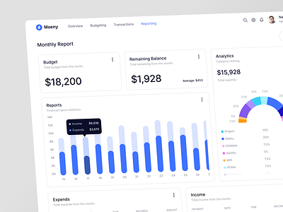 Moeny - Reporting budgeting clean dashboard finance finance management financial fintech fintech dashboard management tool modern money monthly reporting report reporting dashboard transaction ui design wallet web web design website