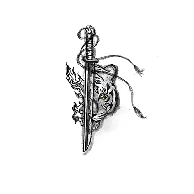 Dual Flames: Tiger's Tale of Fire and Steel animal digital art drawing fierce fire flame illustration procreate sketch sword tiger